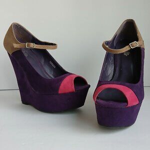 Purple Pink Beige Micro Suede Colorblock Peep-Toe Ankle Strap Wedge Heels Sz 8
